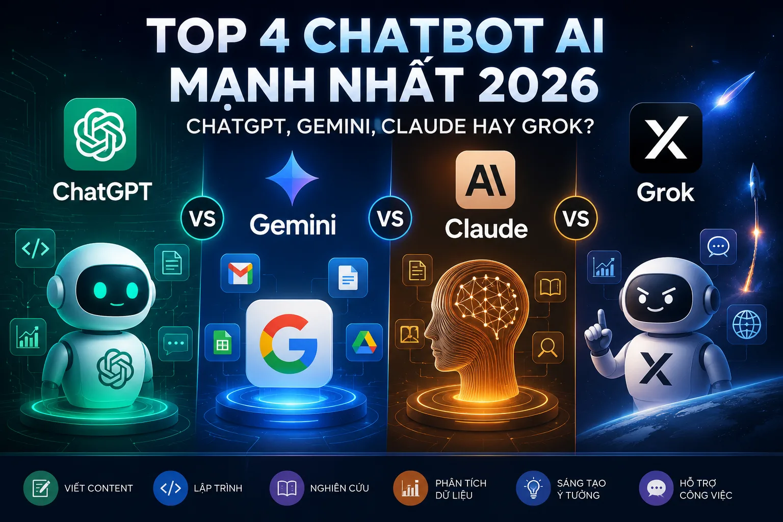 Top 4 Chatbot AI Mạnh Nhất 2026: ChatGPT, Gemini, Claude Hay Grok?